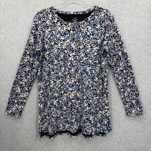 J Jill Simply Supima Crew Neck Tunic Top Floral Print Blue Black  Size Small